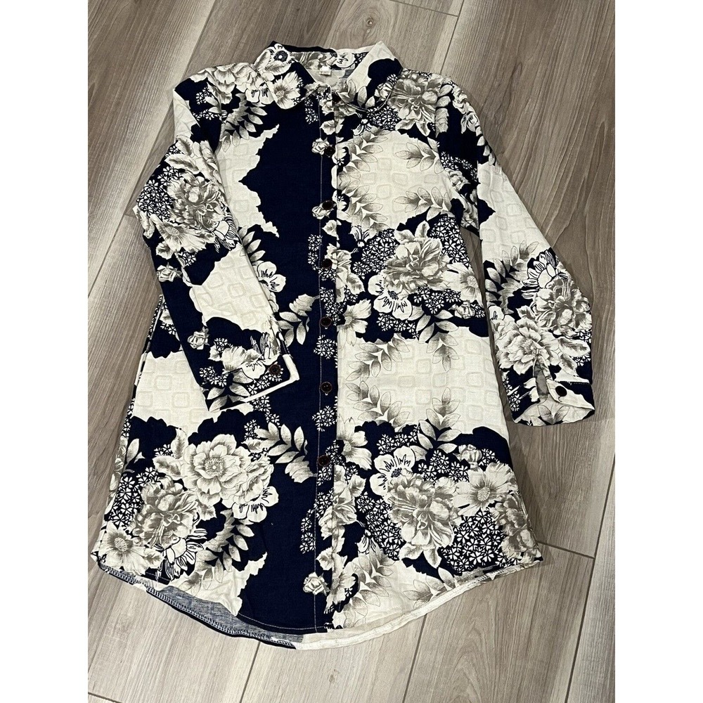 Women’s Blue‎ Floral Tunic Length Button Down Jacket Size S/M #323-L - Picture 2 of 4